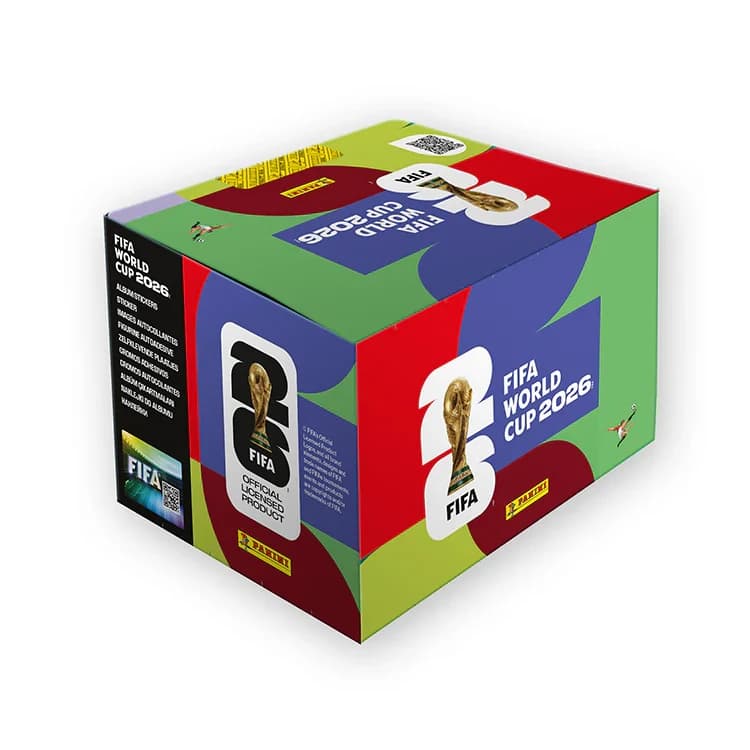 An official Panini FIFA World Cup 2026 sticker collection box, the World Cup sticker ritual moving from Panini to Fanatics-owned Topps in 2031