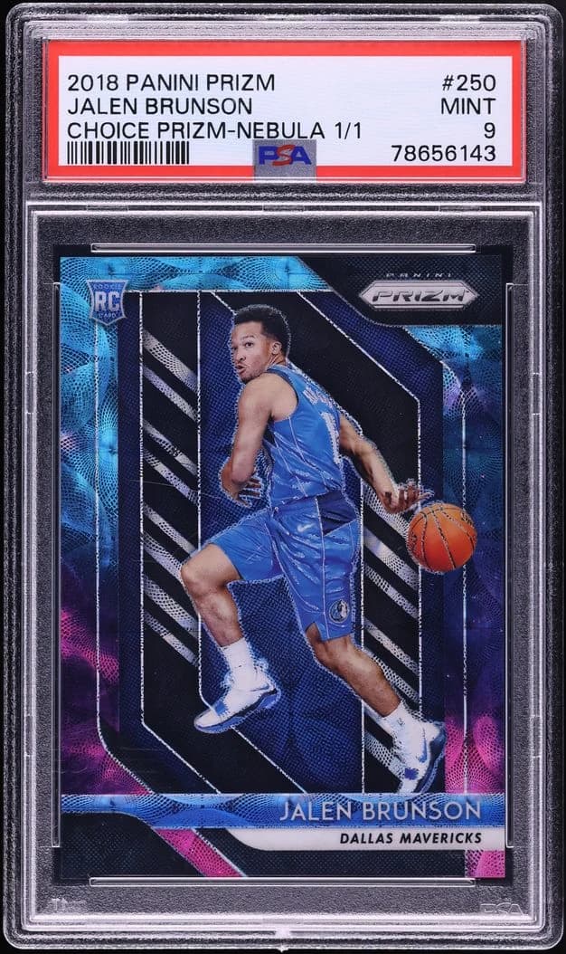 Jalen Brunson's 2018 Panini Prizm Choice Nebula 1/1 rookie card, graded PSA Mint 9, the one-of-one that sold for $312,000 after the Knicks' championship run