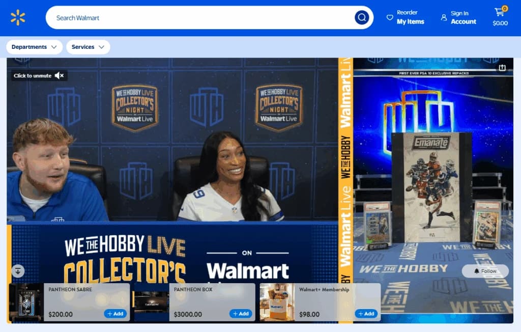 A live card-selling broadcast, We The Hobby Live Collector's Night on Walmart Live, illustrating the livestream commerce format reshaping the card shop