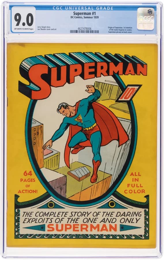 Superman No. 1 (DC Comics, 1939) graded CGC 9.0, the copy that sold for $9.12 million at Heritage Auctions