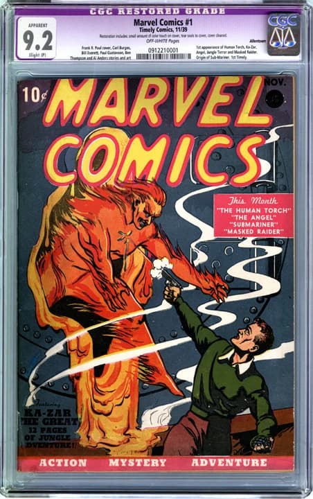 Marvel Comics #1, representative November 1939 Allentown copy; not the Pay Copy or October printing