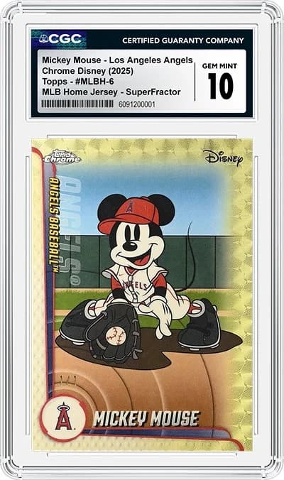 2025 Topps Chrome Disney Mickey & Friends MLB Home Jersey #MLBH-6 Mickey Mouse (Los Angeles Angels) SuperFractor 1/1, CGC Gem Mint 10 slab front