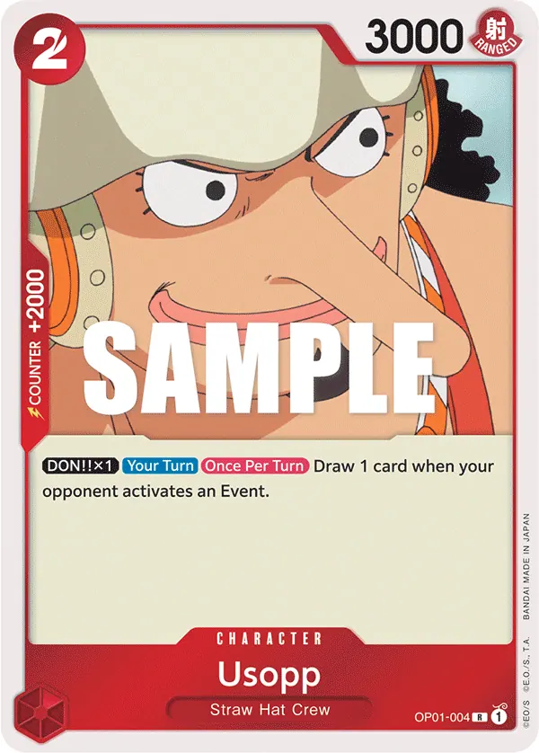 2022 One Piece Card Game Romance Dawn (OP-01) #OP01-004 Usopp; official card image from the Bandai card list; publisher sample markings retained