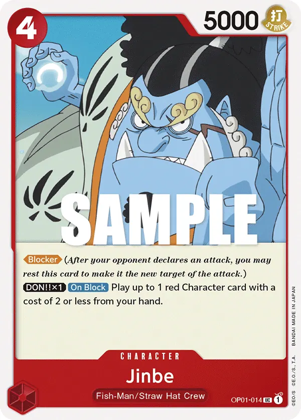 2022 One Piece Card Game Romance Dawn (OP-01) #OP01-014 Jinbe; official card image from the Bandai card list; publisher sample markings retained