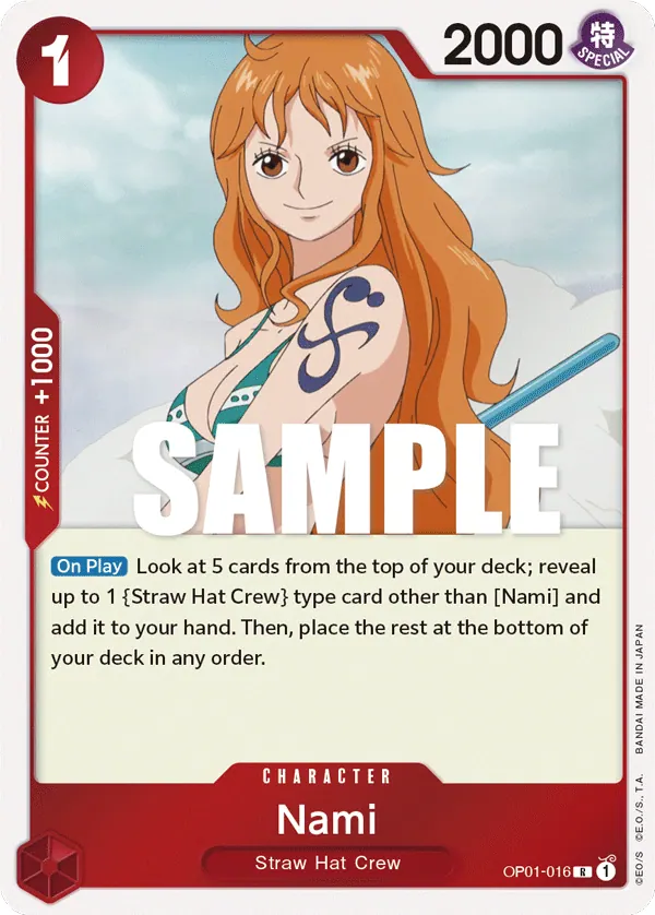 2022 One Piece Card Game Romance Dawn (OP-01) #OP01-016 Nami; official card image from the Bandai card list; publisher sample markings retained