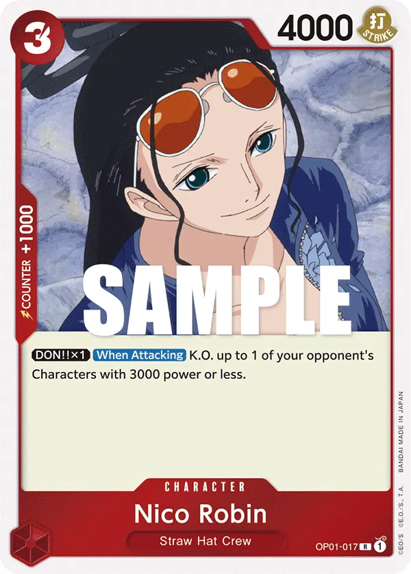 2022 One Piece Card Game Romance Dawn (OP-01) #OP01-017 Nico Robin; official card image from the Bandai card list; publisher sample markings retained