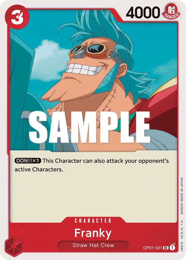 2022 One Piece Card Game Romance Dawn (OP-01) #OP01-021 Franky; official card image from the Bandai card list; publisher sample markings retained