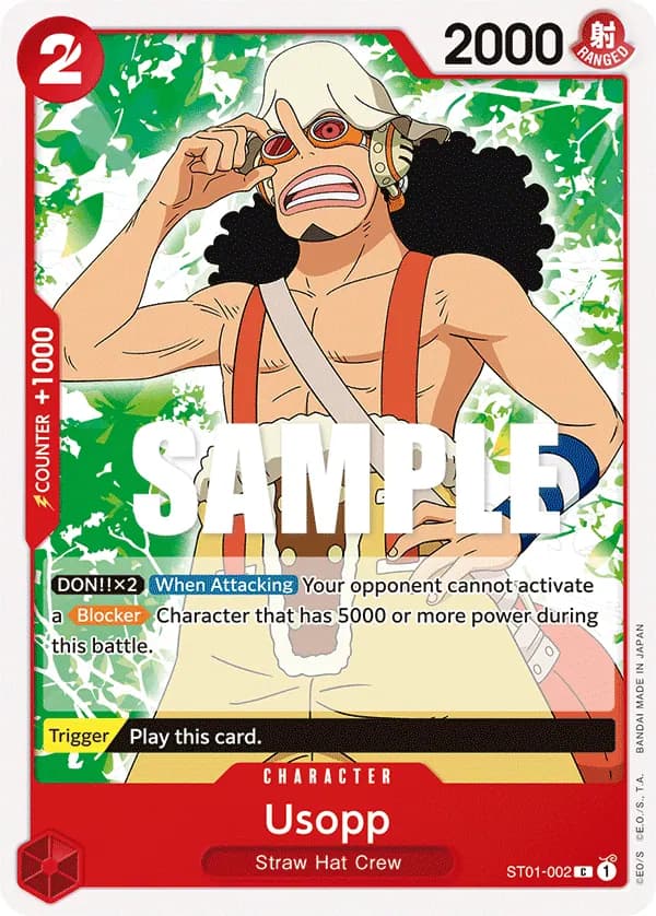 2022 One Piece Card Game Straw Hat Crew (ST-01) #ST01-002 Usopp; official card image from the Bandai card list; publisher sample markings retained