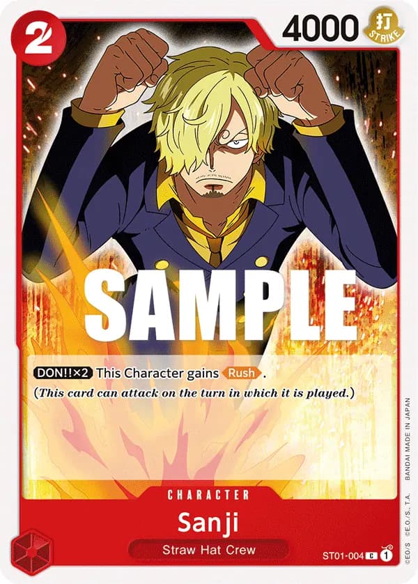2022 One Piece Card Game Straw Hat Crew (ST-01) #ST01-004 Sanji; official card image from the Bandai card list; publisher sample markings retained