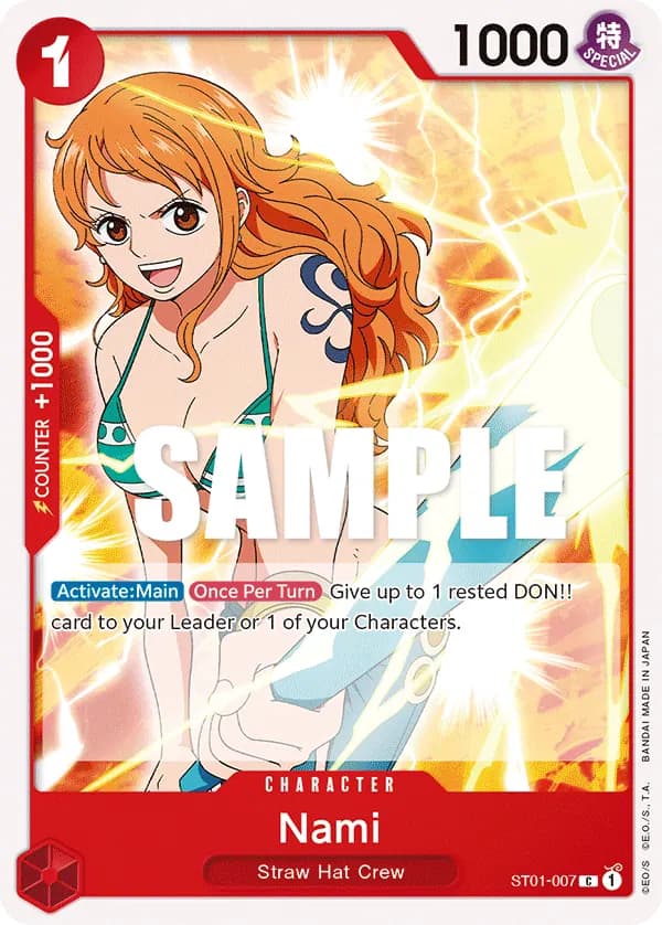 2022 One Piece Card Game Straw Hat Crew (ST-01) #ST01-007 Nami; official card image from the Bandai card list; publisher sample markings retained