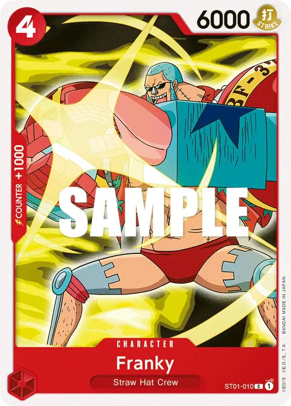 2022 One Piece Card Game Straw Hat Crew (ST-01) #ST01-010 Franky; official card image from the Bandai card list; publisher sample markings retained