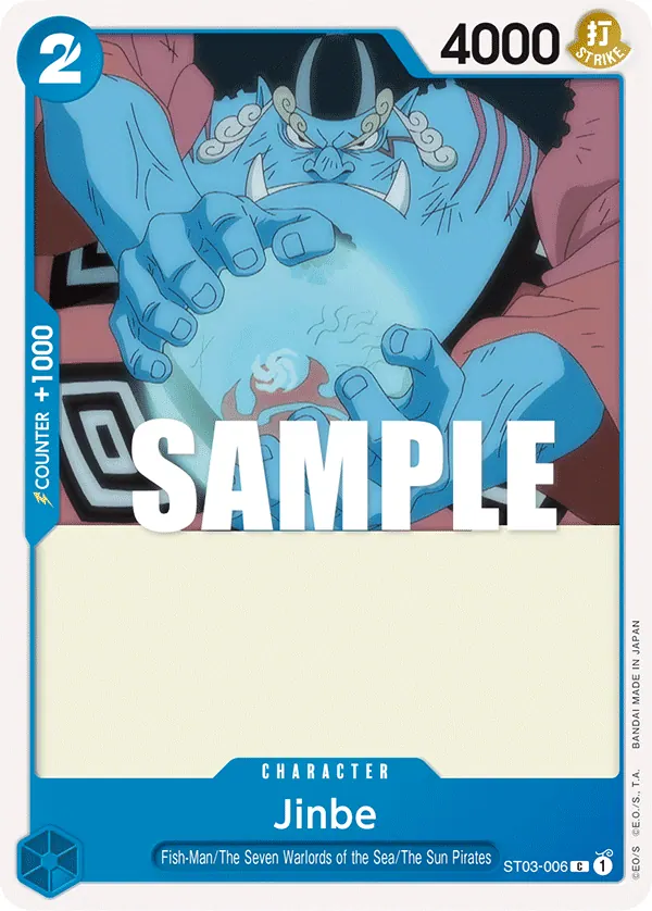 2022 One Piece Card Game The Seven Warlords of the Sea (ST-03) #ST03-006 Jinbe; official card image from the Bandai card list; publisher sample markings retained