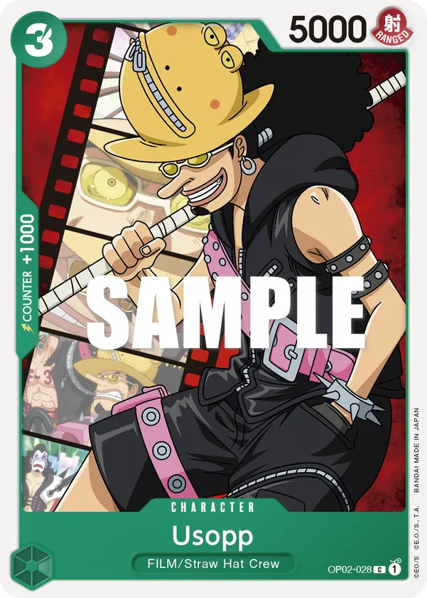 2023 One Piece Card Game Paramount War (OP-02) #OP02-028 Usopp; official card image from the Bandai card list; publisher sample markings retained