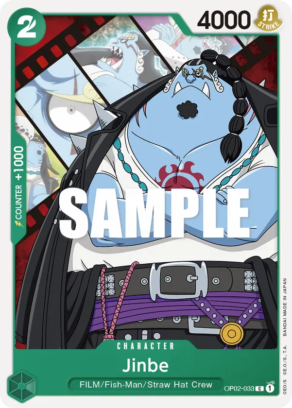 2023 One Piece Card Game Paramount War (OP-02) #OP02-033 Jinbe; official card image from the Bandai card list; publisher sample markings retained