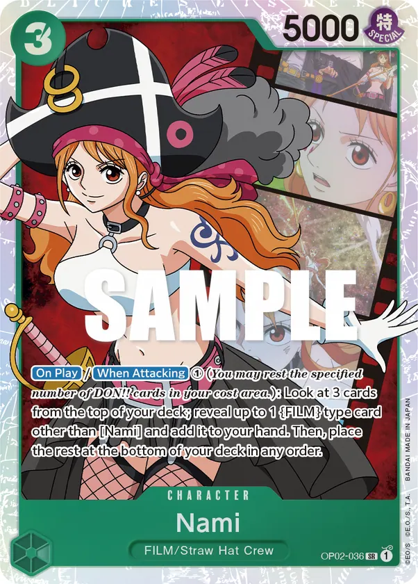 2023 One Piece Card Game Paramount War (OP-02) #OP02-036 Nami; official card image from the Bandai card list; publisher sample markings retained