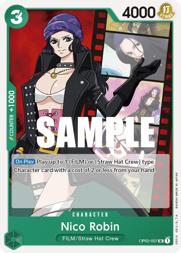 2023 One Piece Card Game Paramount War (OP-02) #OP02-037 Nico Robin; official card image from the Bandai card list; publisher sample markings retained