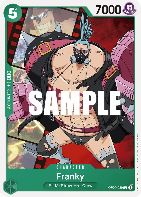 2023 One Piece Card Game Paramount War (OP-02) #OP02-039 Franky; official card image from the Bandai card list; publisher sample markings retained