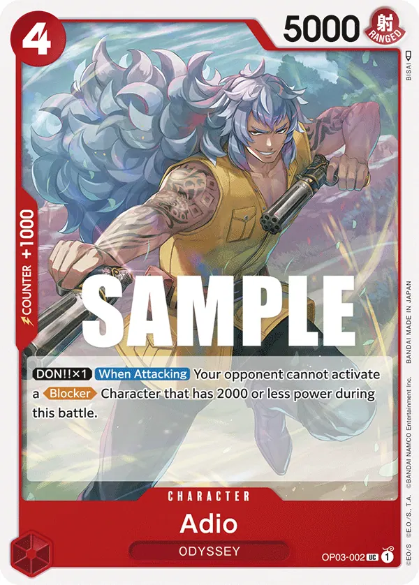 2023 One Piece Card Game Pillars of Strength (OP-03) #OP03-002 Adio; official card image from the Bandai card list; publisher sample markings retained
