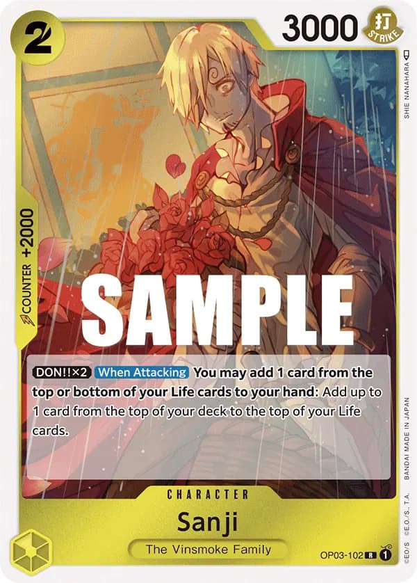 2023 One Piece Card Game Pillars of Strength (OP-03) #OP03-102 Sanji; official card image from the Bandai card list; publisher sample markings retained