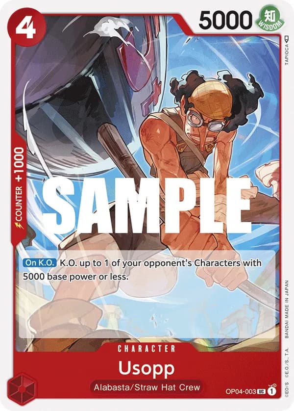 2023 One Piece Card Game Kingdoms of Intrigue (OP-04) #OP04-003 Usopp; official card image from the Bandai card list; publisher sample markings retained