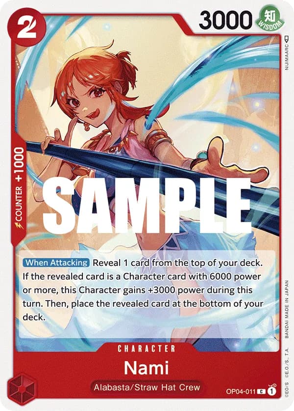 2023 One Piece Card Game Kingdoms of Intrigue (OP-04) #OP04-011 Nami; official card image from the Bandai card list; publisher sample markings retained