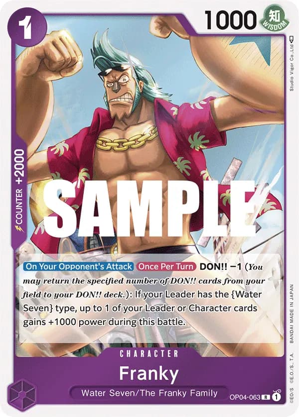 2023 One Piece Card Game Kingdoms of Intrigue (OP-04) #OP04-063 Franky; official card image from the Bandai card list; publisher sample markings retained