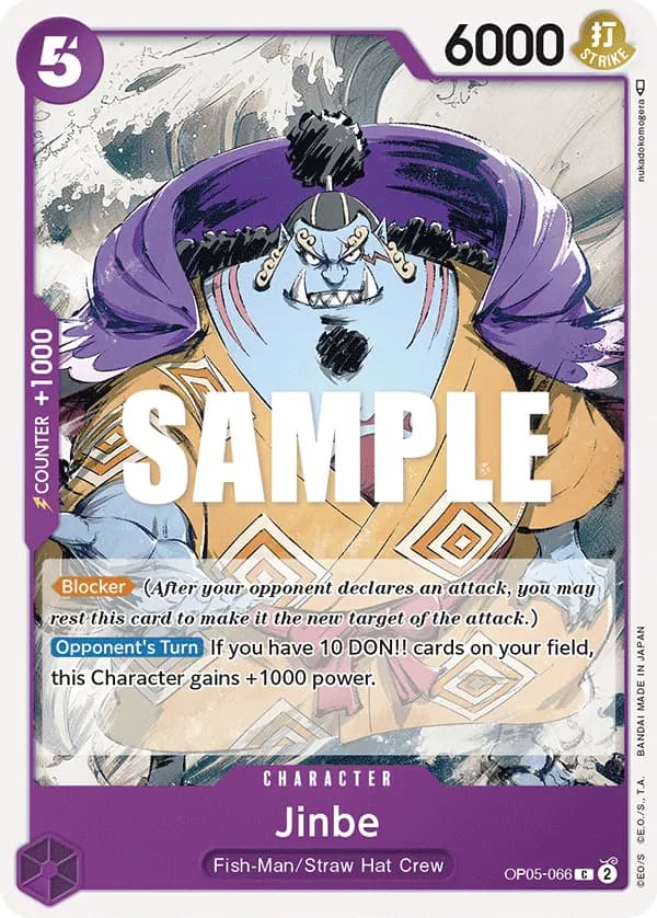 2023 One Piece Card Game Awakening of the New Era (OP-05) #OP05-066 Jinbe; official card image from the Bandai card list; publisher sample markings retained