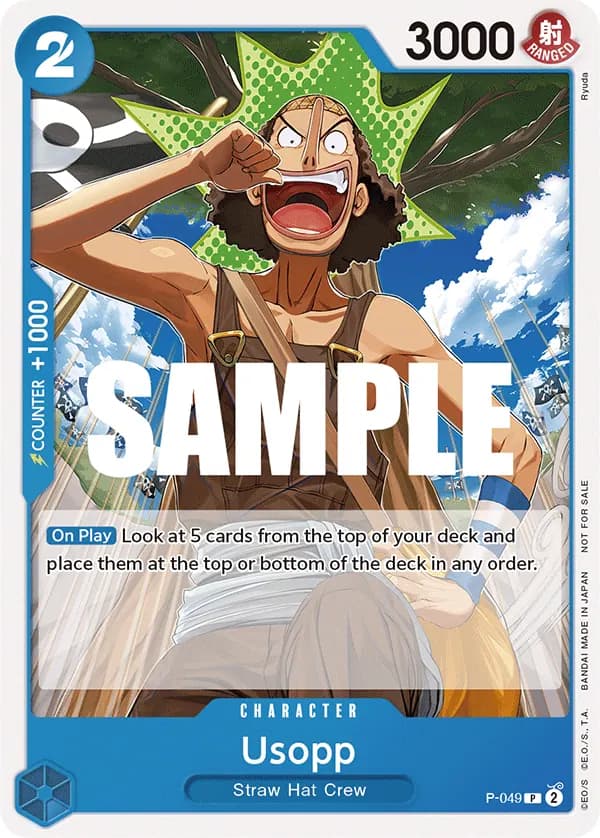 2023 One Piece Card Game Sealed Battle 2023 Vol.1 #P-049 Usopp; official card image from the Bandai card list; publisher sample markings retained
