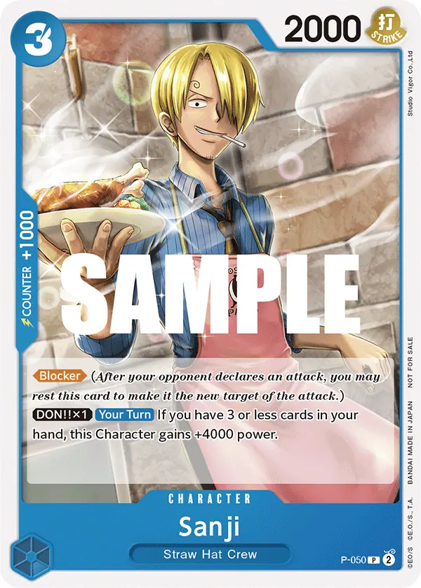 2023 One Piece Card Game Sealed Battle 2023 Vol.1 #P-050 Sanji; official card image from the Bandai card list; publisher sample markings retained