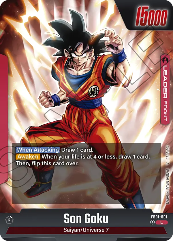 2024 Dragon Ball Super Card Game Fusion World Awakened Pulse (FB01) #FB01-001 Son Goku; official card image from the Bandai card database; publisher sample markings retained