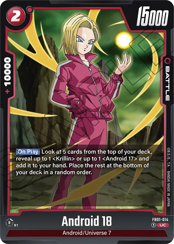 2024 Dragon Ball Super Card Game Fusion World Awakened Pulse (FB01) #FB01-014 Android 18; official card image from the Bandai card database; publisher sample markings retained