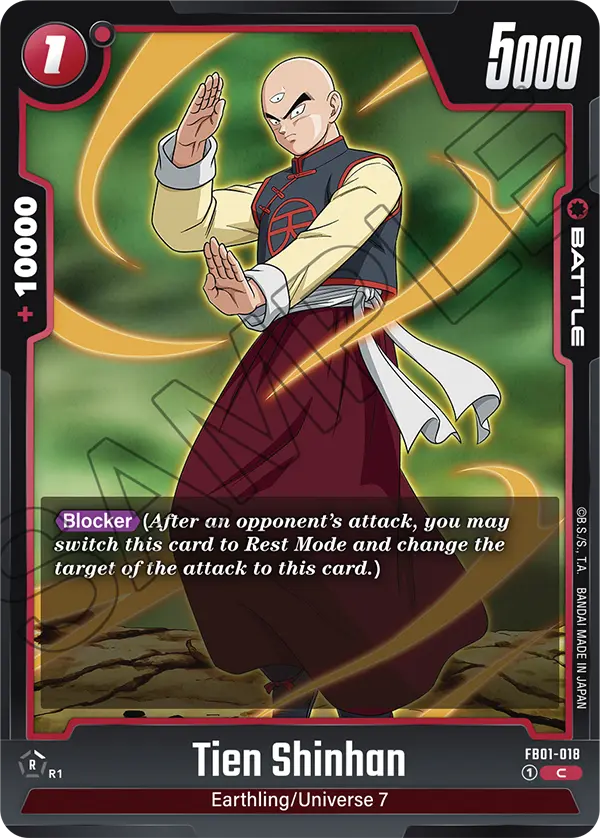 2024 Dragon Ball Super Card Game Fusion World Awakened Pulse (FB01) #FB01-018 Tien Shinhan; official card image from the Bandai card database; publisher sample markings retained