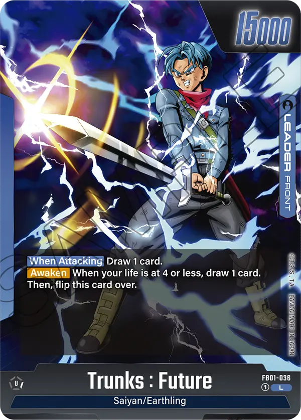 2024 Dragon Ball Super Card Game Fusion World Awakened Pulse (FB01) #FB01-036 Trunks : Future; official card image from the Bandai card database; publisher sample markings retained