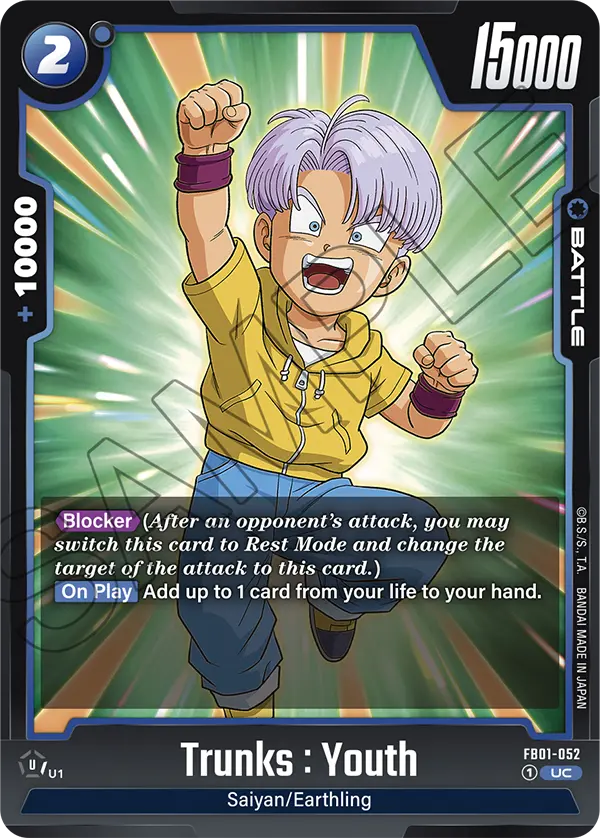 2024 Dragon Ball Super Card Game Fusion World Awakened Pulse (FB01) #FB01-052 Trunks : Youth; official card image from the Bandai card database; publisher sample markings retained
