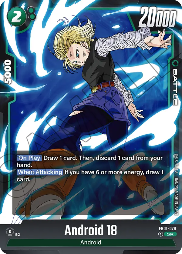 2024 Dragon Ball Super Card Game Fusion World Awakened Pulse (FB01) #FB01-079 Android 18; official card image from the Bandai card database; publisher sample markings retained