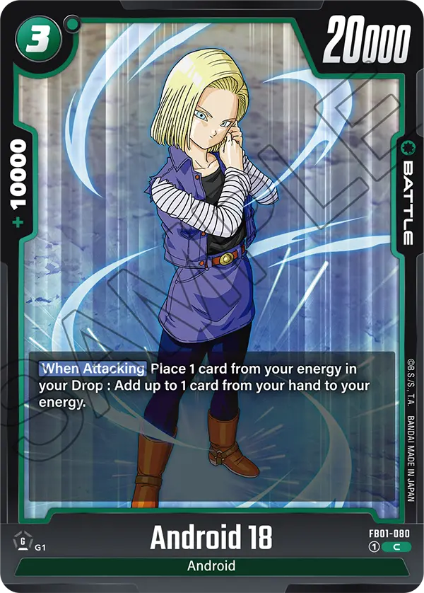 2024 Dragon Ball Super Card Game Fusion World Awakened Pulse (FB01) #FB01-080 Android 18; official card image from the Bandai card database; publisher sample markings retained