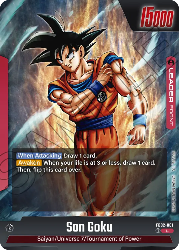 2024 Dragon Ball Super Card Game Fusion World Blazing Aura (FB02) #FB02-001 Son Goku; official card image from the Bandai card database; publisher sample markings retained