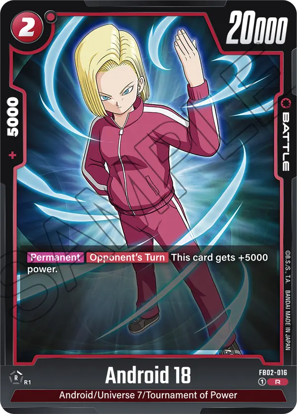 2024 Dragon Ball Super Card Game Fusion World Blazing Aura (FB02) #FB02-016 Android 18; official card image from the Bandai card database; publisher sample markings retained
