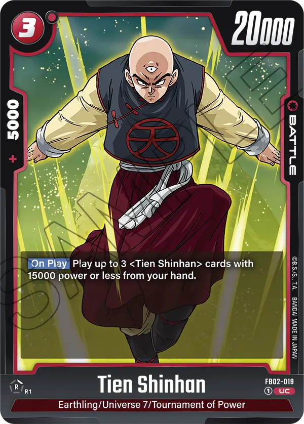 2024 Dragon Ball Super Card Game Fusion World Blazing Aura (FB02) #FB02-019 Tien Shinhan; official card image from the Bandai card database; publisher sample markings retained