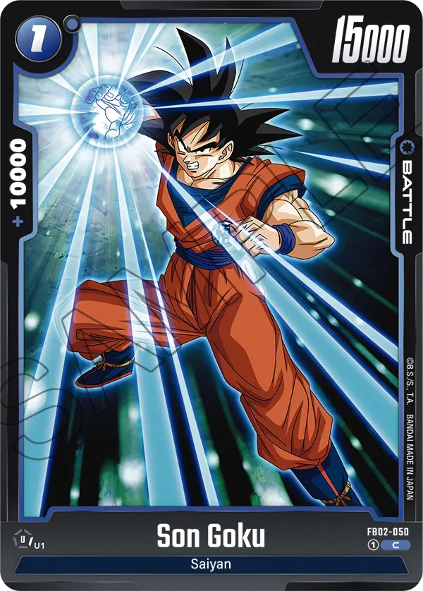 2024 Dragon Ball Super Card Game Fusion World Blazing Aura (FB02) #FB02-050 Son Goku; official card image from the Bandai card database; publisher sample markings retained