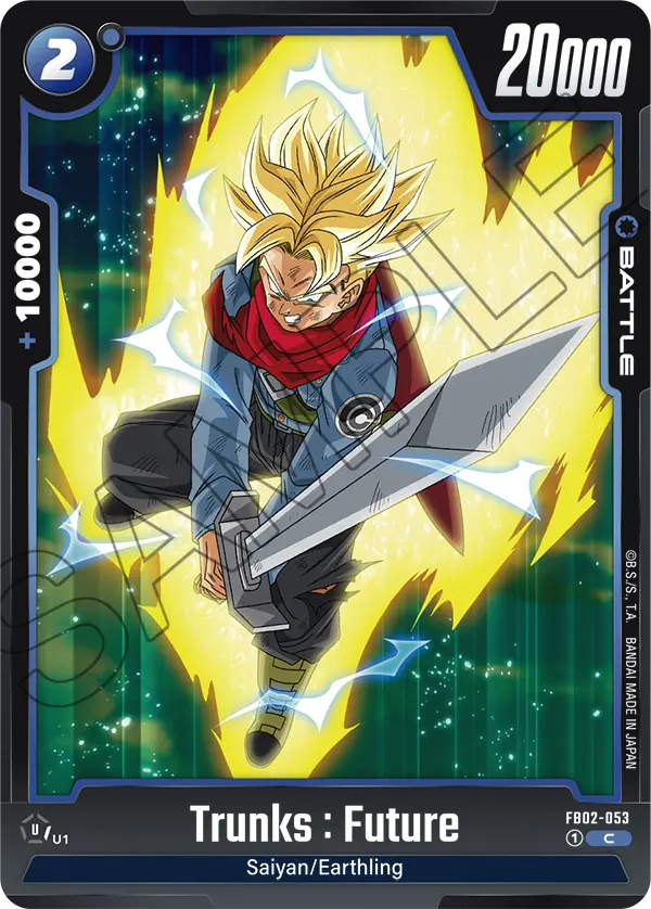 2024 Dragon Ball Super Card Game Fusion World Blazing Aura (FB02) #FB02-053 Trunks : Future; official card image from the Bandai card database; publisher sample markings retained
