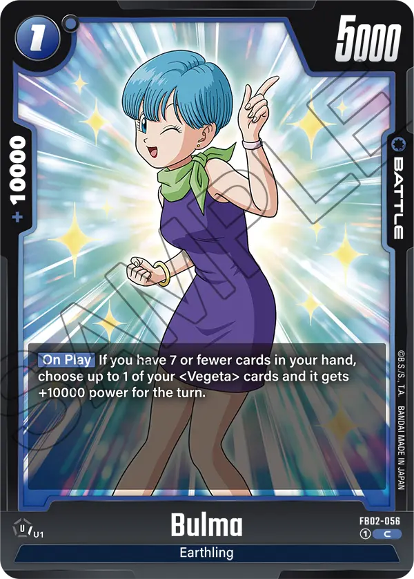 2024 Dragon Ball Super Card Game Fusion World Blazing Aura (FB02) #FB02-056 Bulma; official card image from the Bandai card database; publisher sample markings retained