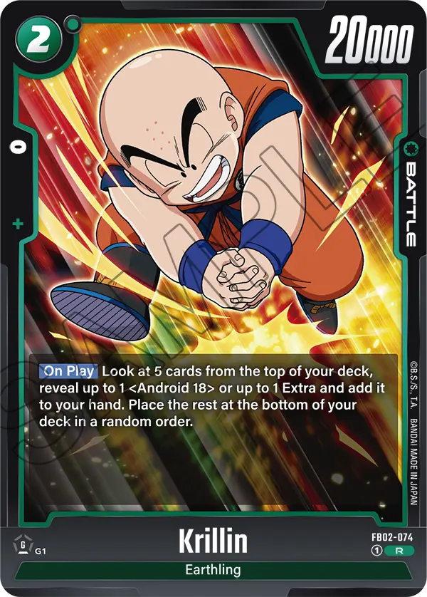 2024 Dragon Ball Super Card Game Fusion World Blazing Aura (FB02) #FB02-074 Krillin; official card image from the Bandai card database; publisher sample markings retained