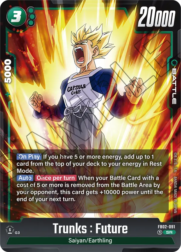 2024 Dragon Ball Super Card Game Fusion World Blazing Aura (FB02) #FB02-091 Trunks : Future; official card image from the Bandai card database; publisher sample markings retained