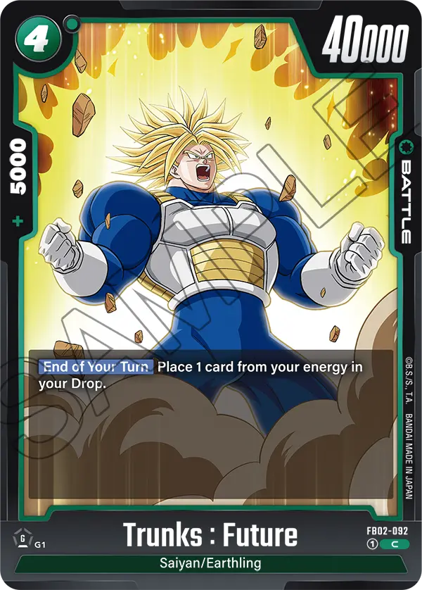 2024 Dragon Ball Super Card Game Fusion World Blazing Aura (FB02) #FB02-092 Trunks : Future; official card image from the Bandai card database; publisher sample markings retained