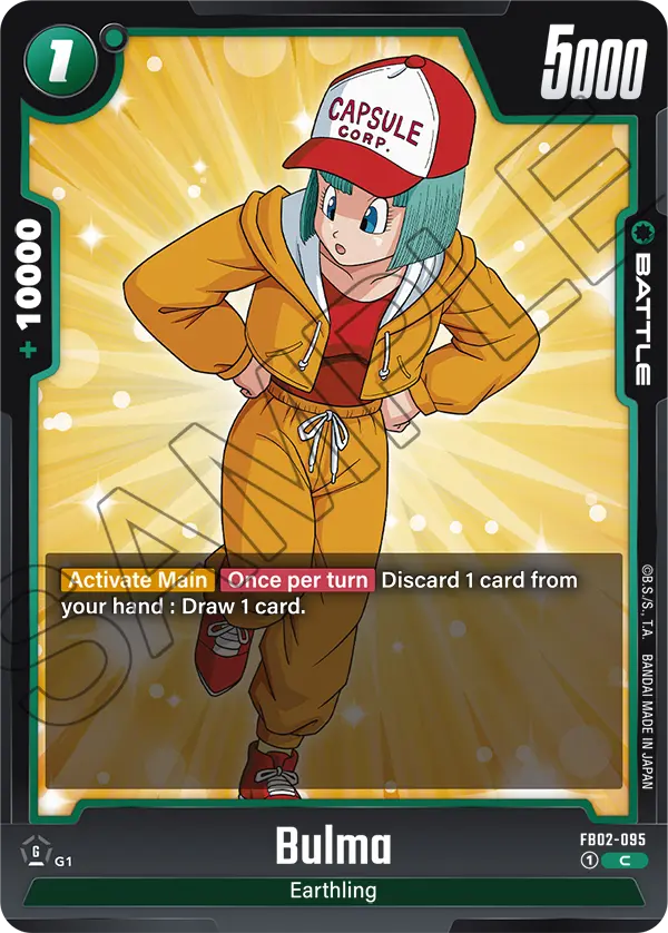 2024 Dragon Ball Super Card Game Fusion World Blazing Aura (FB02) #FB02-095 Bulma; official card image from the Bandai card database; publisher sample markings retained