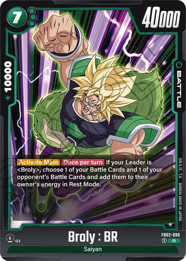 2024 Dragon Ball Super Card Game Fusion World Blazing Aura (FB02) #FB02-096 Broly : BR; official card image from the Bandai card database; publisher sample markings retained