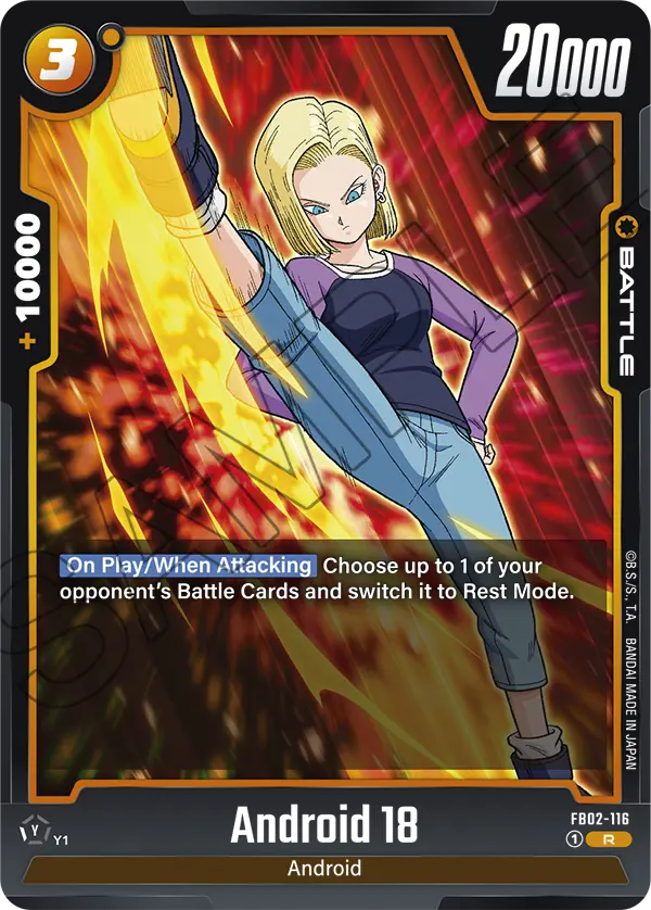 2024 Dragon Ball Super Card Game Fusion World Blazing Aura (FB02) #FB02-116 Android 18; official card image from the Bandai card database; publisher sample markings retained