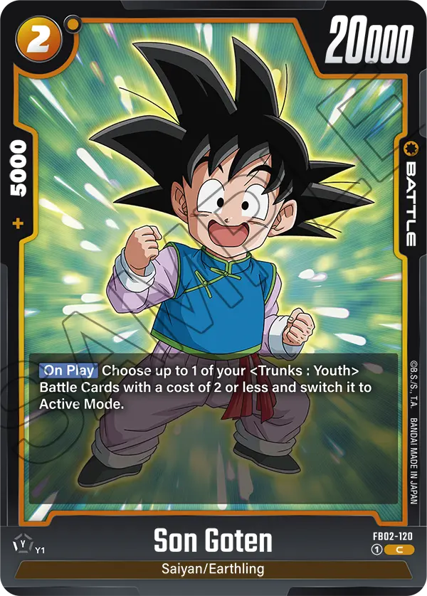 2024 Dragon Ball Super Card Game Fusion World Blazing Aura (FB02) #FB02-120 Son Goten; official card image from the Bandai card database; publisher sample markings retained