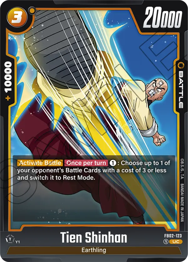 2024 Dragon Ball Super Card Game Fusion World Blazing Aura (FB02) #FB02-123 Tien Shinhan; official card image from the Bandai card database; publisher sample markings retained
